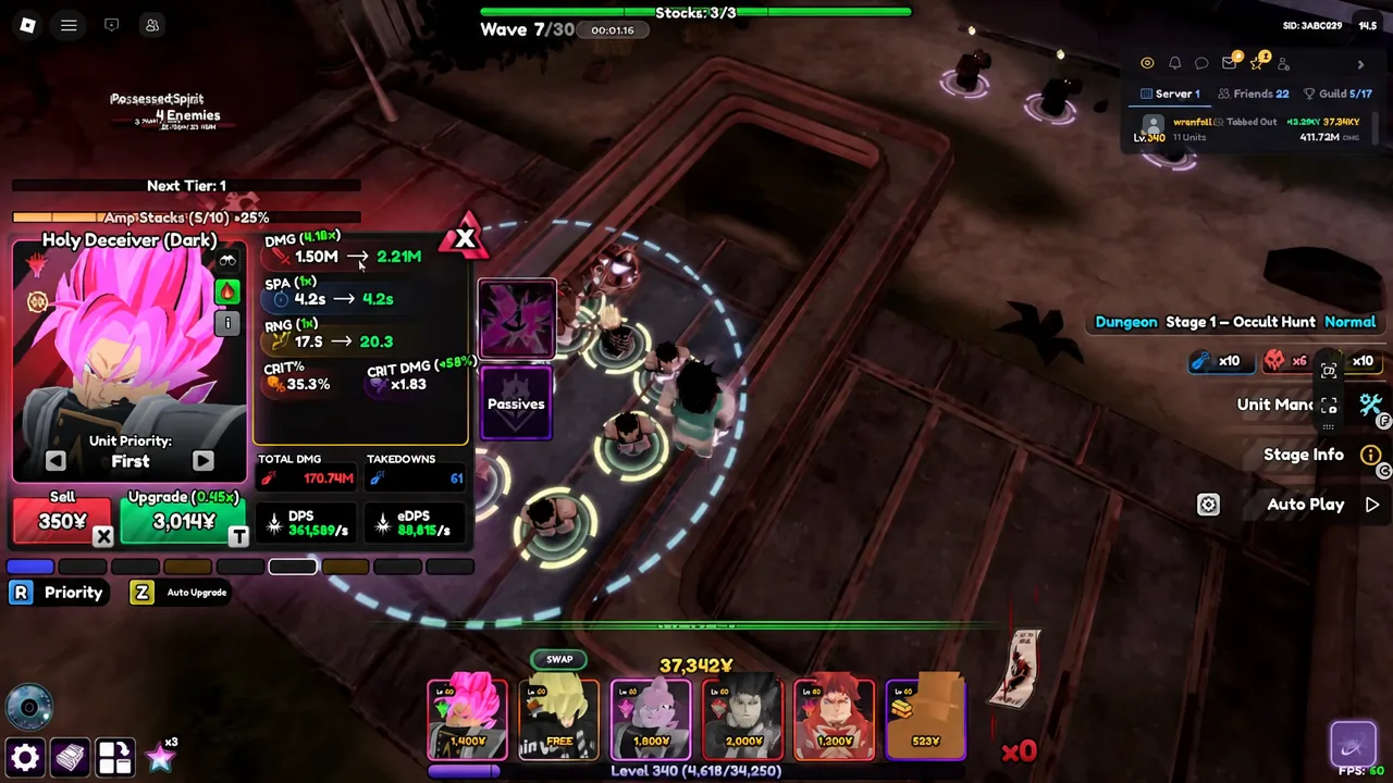 Holy Deceiver (Dark) unit panel in-game with the green Upgrade button highlighted