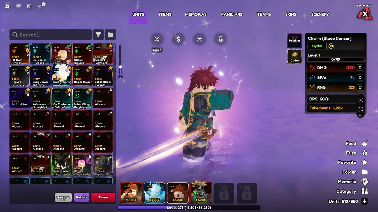 The Units tab open in Anime Vanguards with Cha-In (Blade Dancer) selected