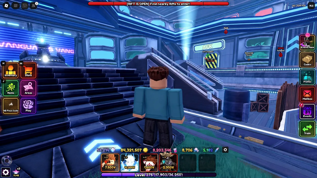 Anime Vanguards lobby with the Inventory, Store, Items, Areas, Play and Trade buttons on screen