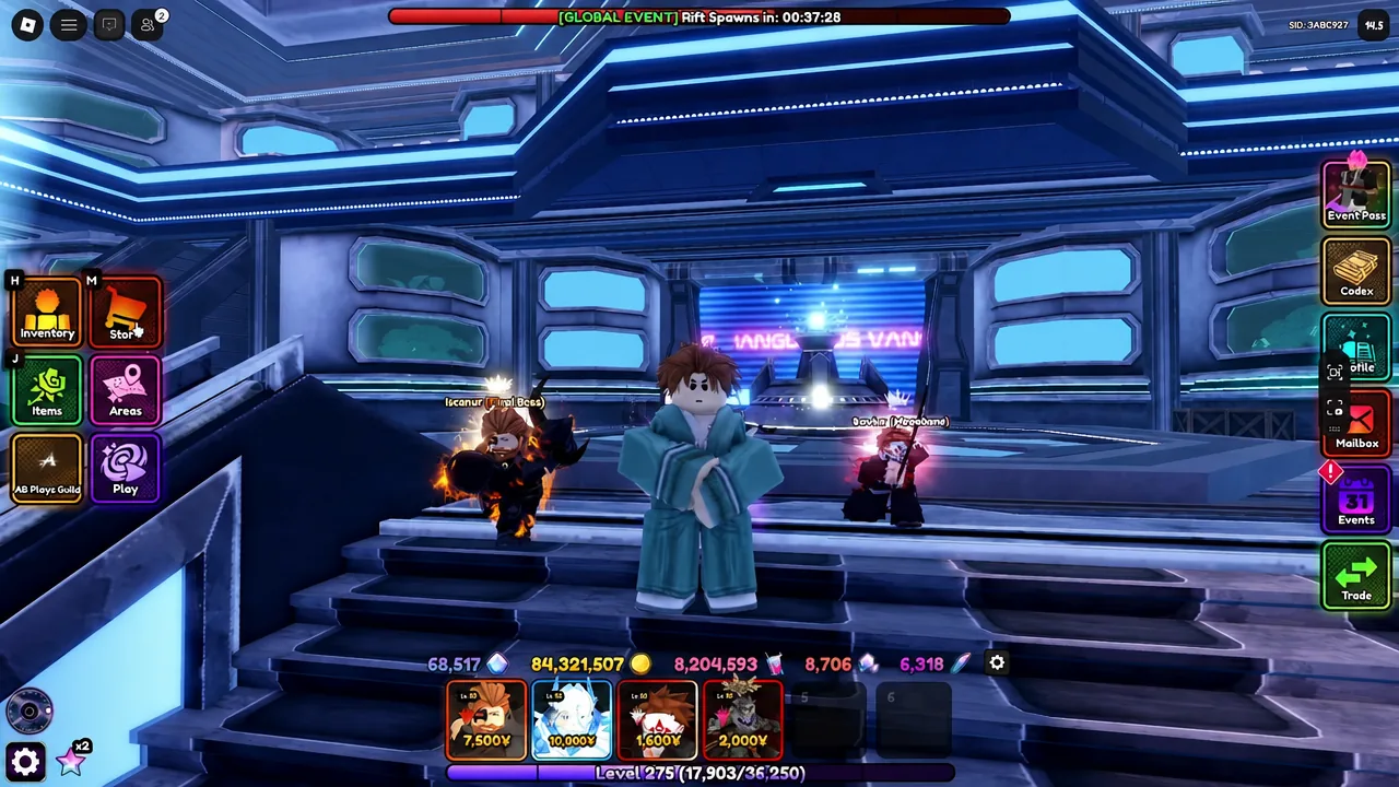 The Inventory button highlighted in the left-hand lobby menu of Anime Vanguards