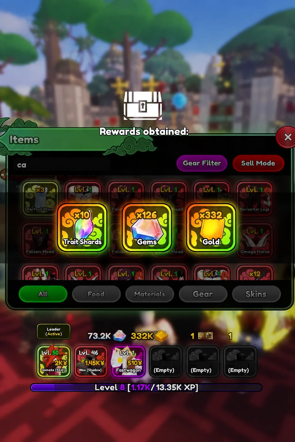 Rewards obtained popup in the Items menu listing Trait Shards, Gems and Gold from Devil Capsules