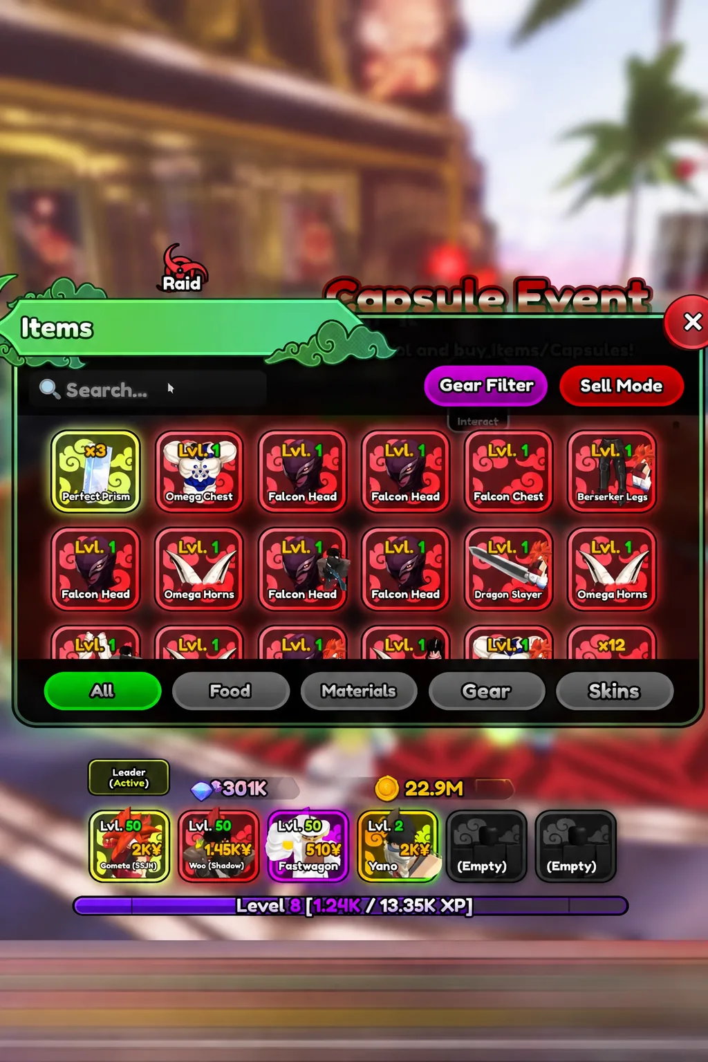 The Items menu open on the All tab with the player's stored inventory on display