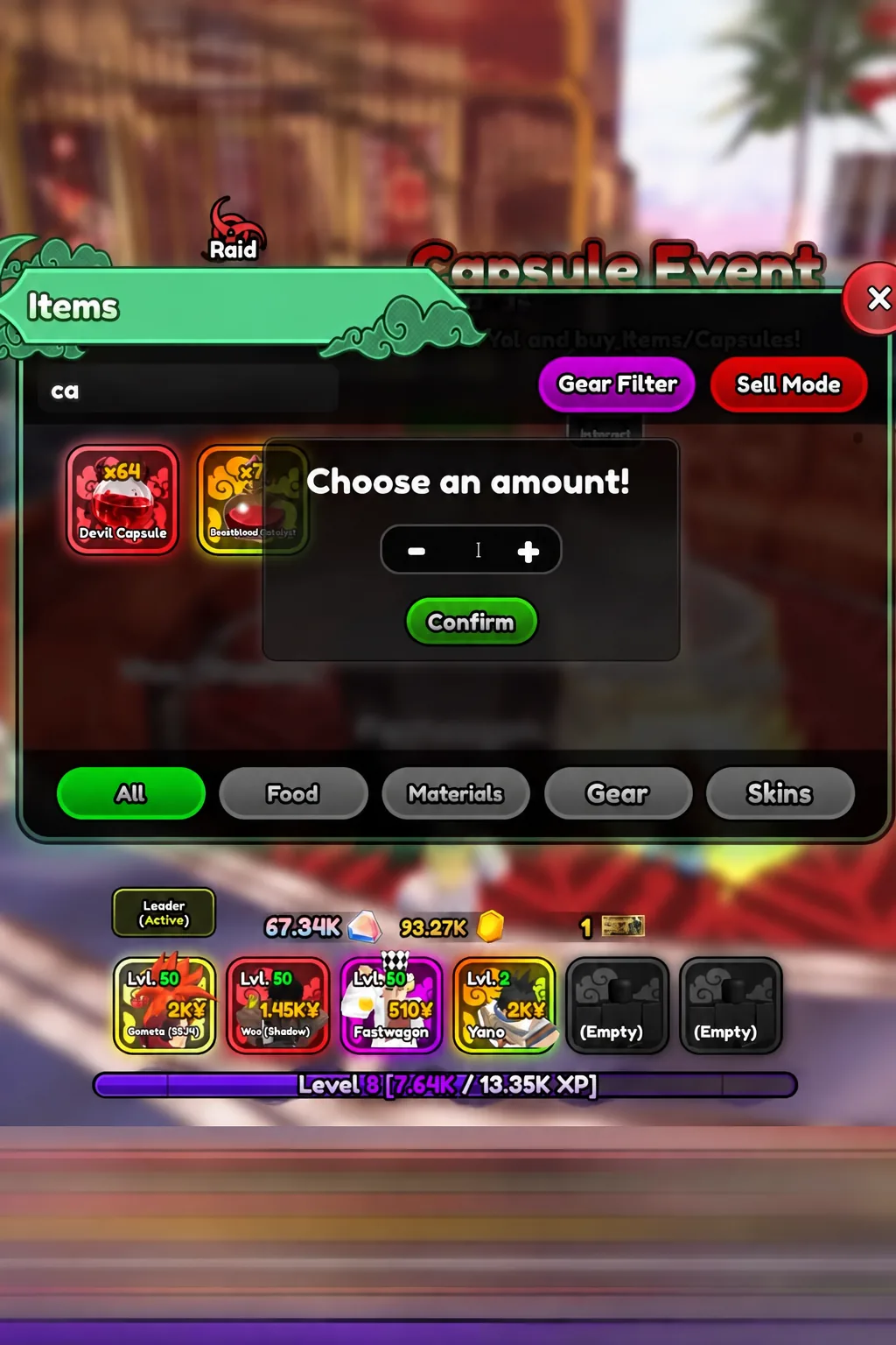 Devil Capsule selected in the Items screen with the Choose an amount dialog open