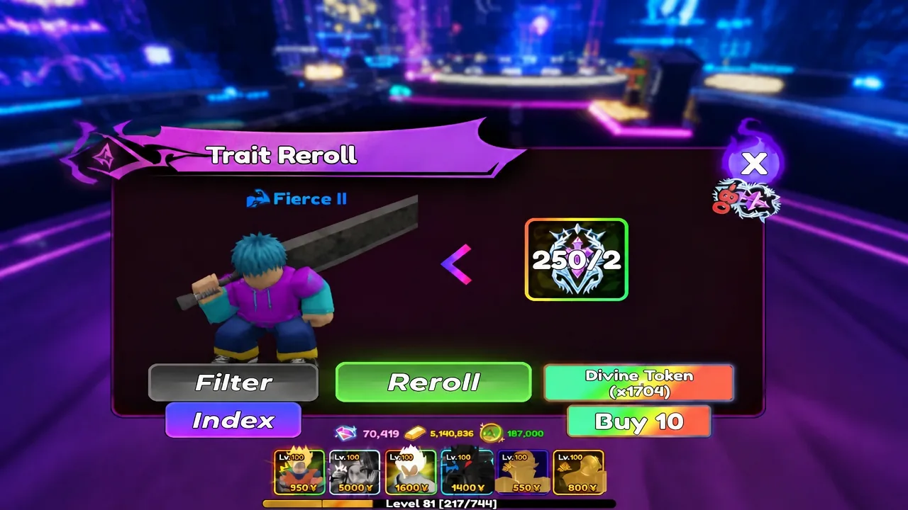 Trait Reroll screen showing the Fierce II trait with the Reroll button highlighted