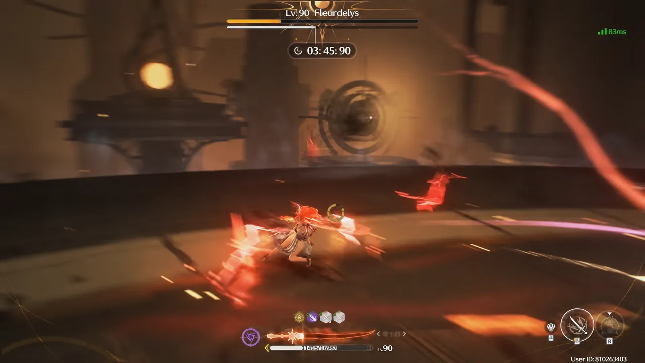 Player attacking Lv. 90 Fleurdellys with the boss health bar and encounter timer on screen