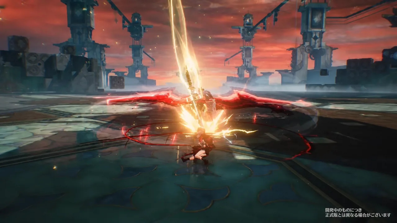 Suoming lands a sword strike inside a glowing beam with a red shockwave rippling out from the impact