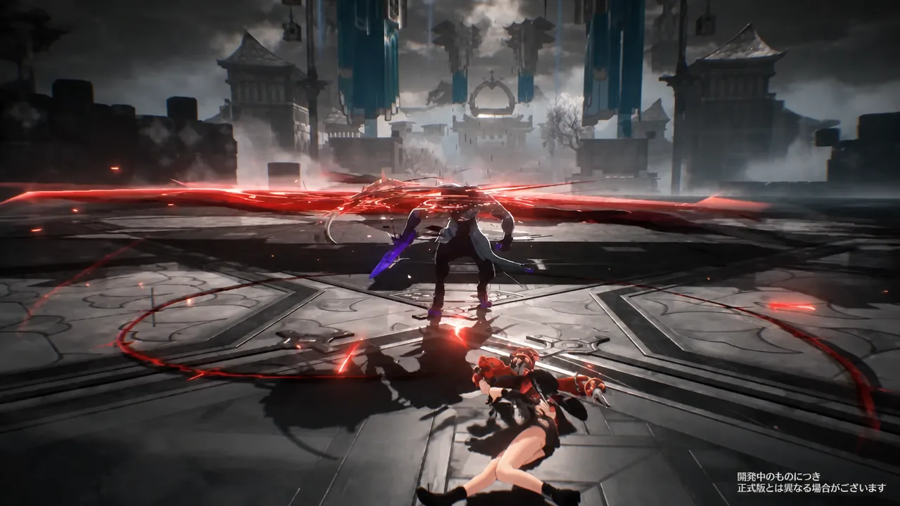 Hsin attacking inside a red energy field with a defeated enemy on the arena floor