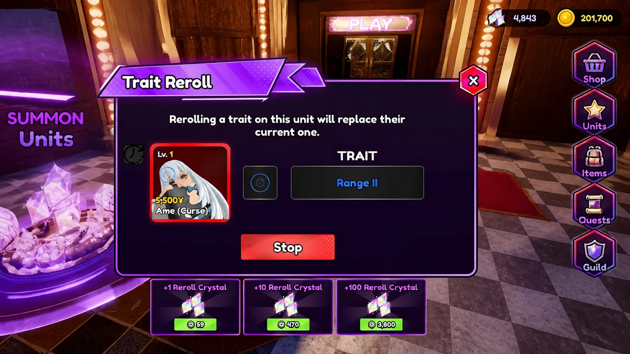Trait Reroll menu cycling Range II on Ame (Curse) with the Stop button active