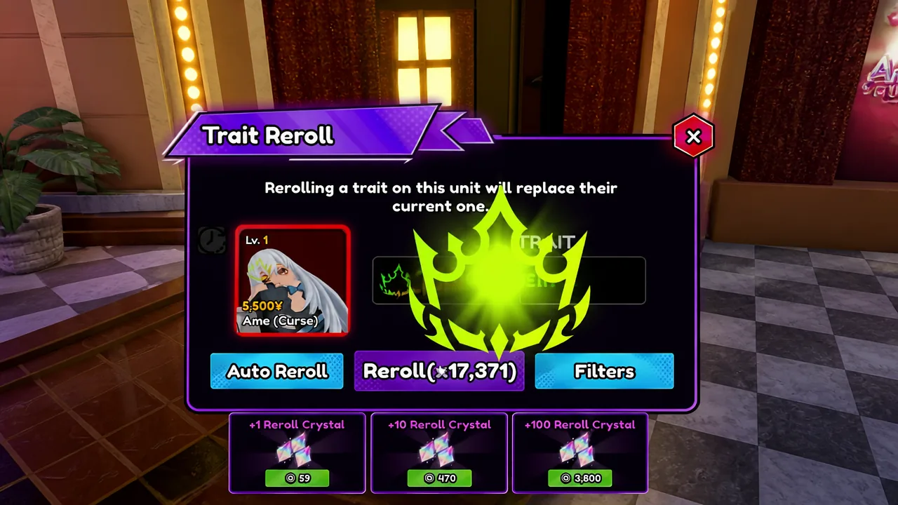 Manual Reroll button showing 17,371 remaining crystals during an Ame (Curse) trait roll