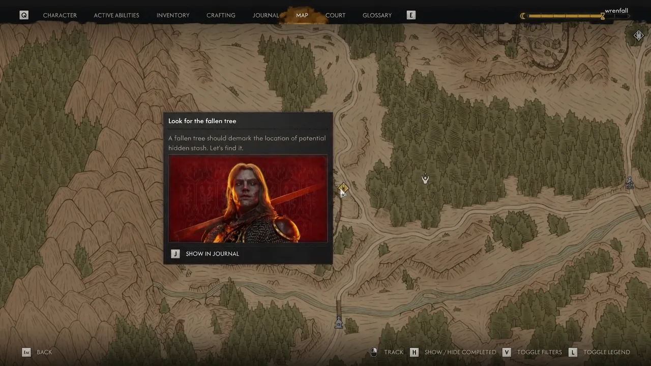 Map screen with the Look for the fallen tree objective and the Show in Journal prompt highlighted