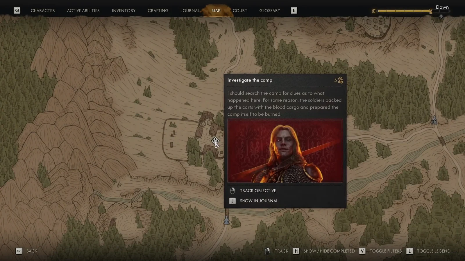 Map screen showing the Investigate the camp objective panel with tracking options