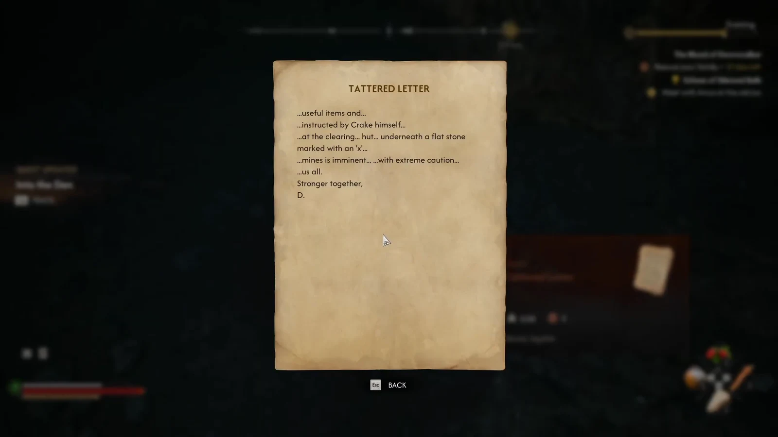 The Tattered Letter open on screen, showing the clue about a flat stone marked with an X