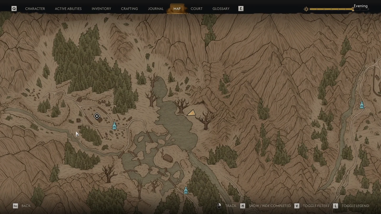 Map screen showing the quest search area west of the bear den over the old logging site