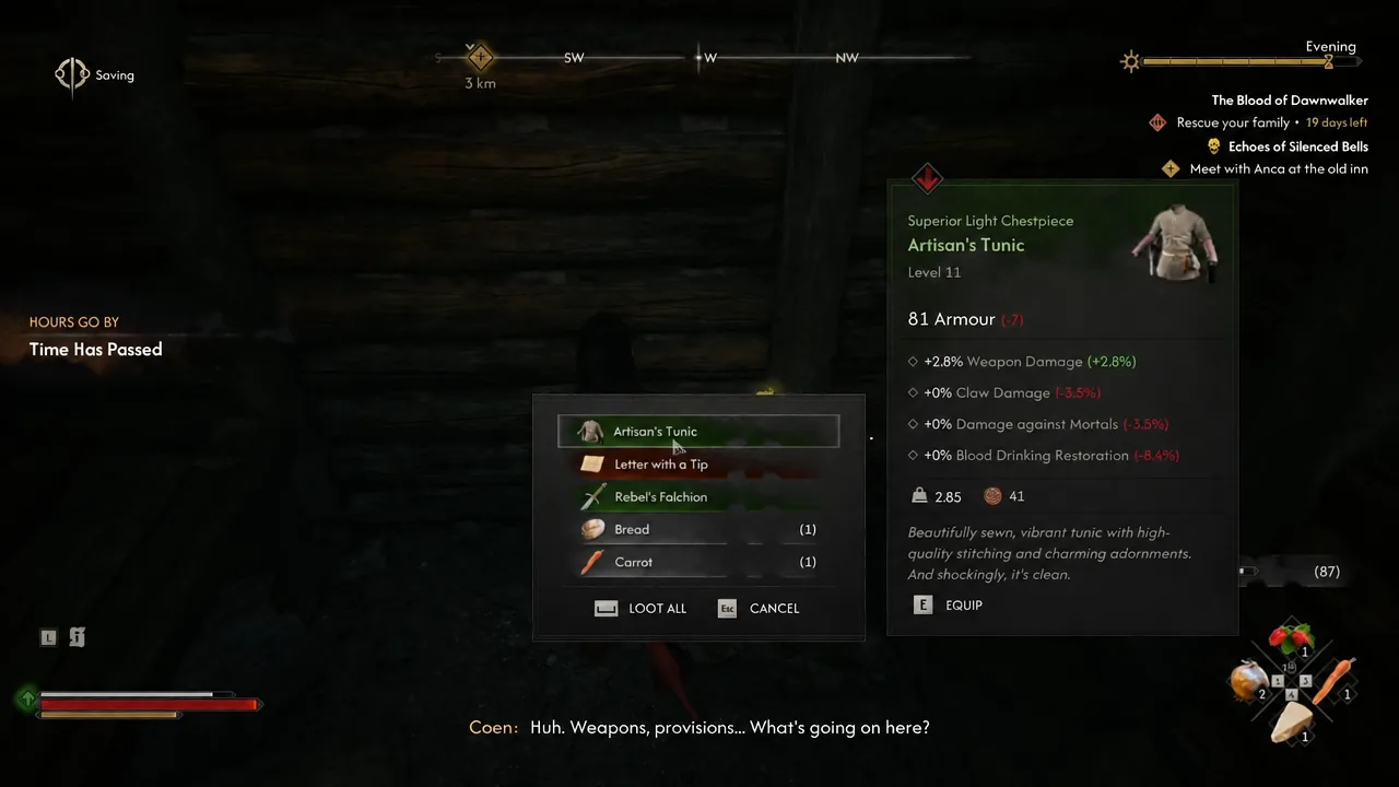 Loot window from the cache with the Artisan's Tunic selected and its stats shown