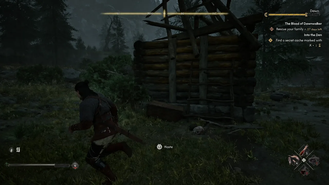 Coen running past a log shelter with the Haste prompt and quest objectives on the HUD