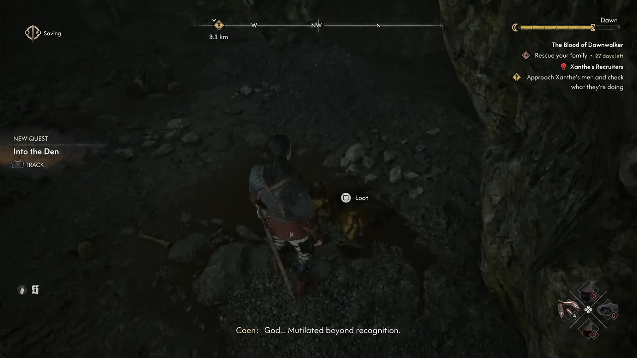 Loot prompt highlighted over the body inside the bear den during Into the Den