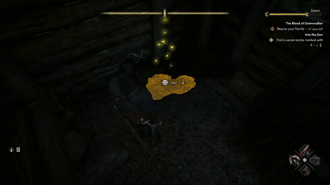 Loot prompt over the uncovered cache pile at the end of Into the Den