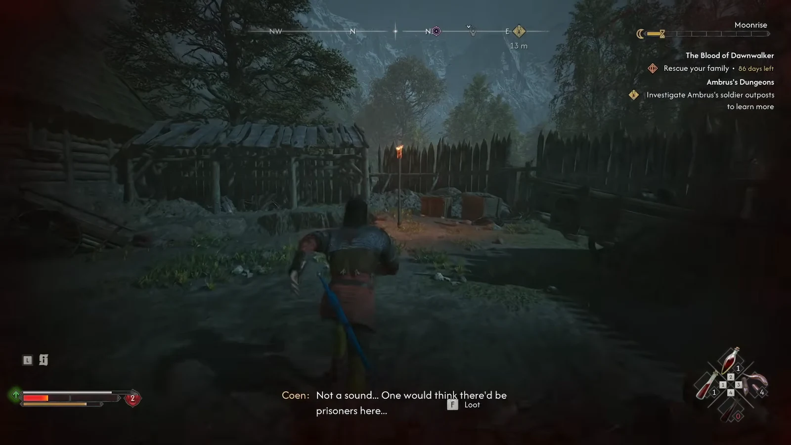 The F Loot prompt appearing over a body inside Ambrus's outpost