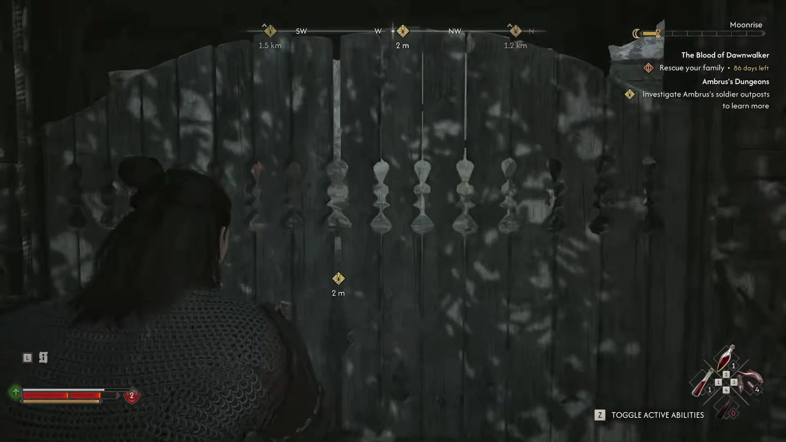 Coen at the wooden outpost gate with the objective marker two metres ahead