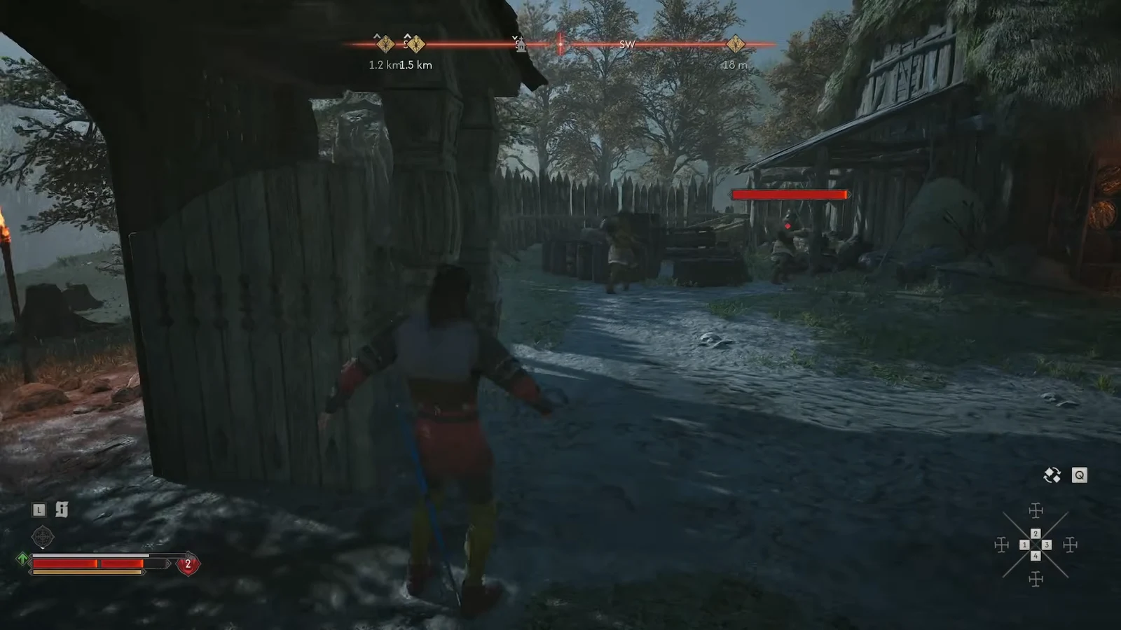Coen using a wooden wall as cover against an outpost guard with a red health bar