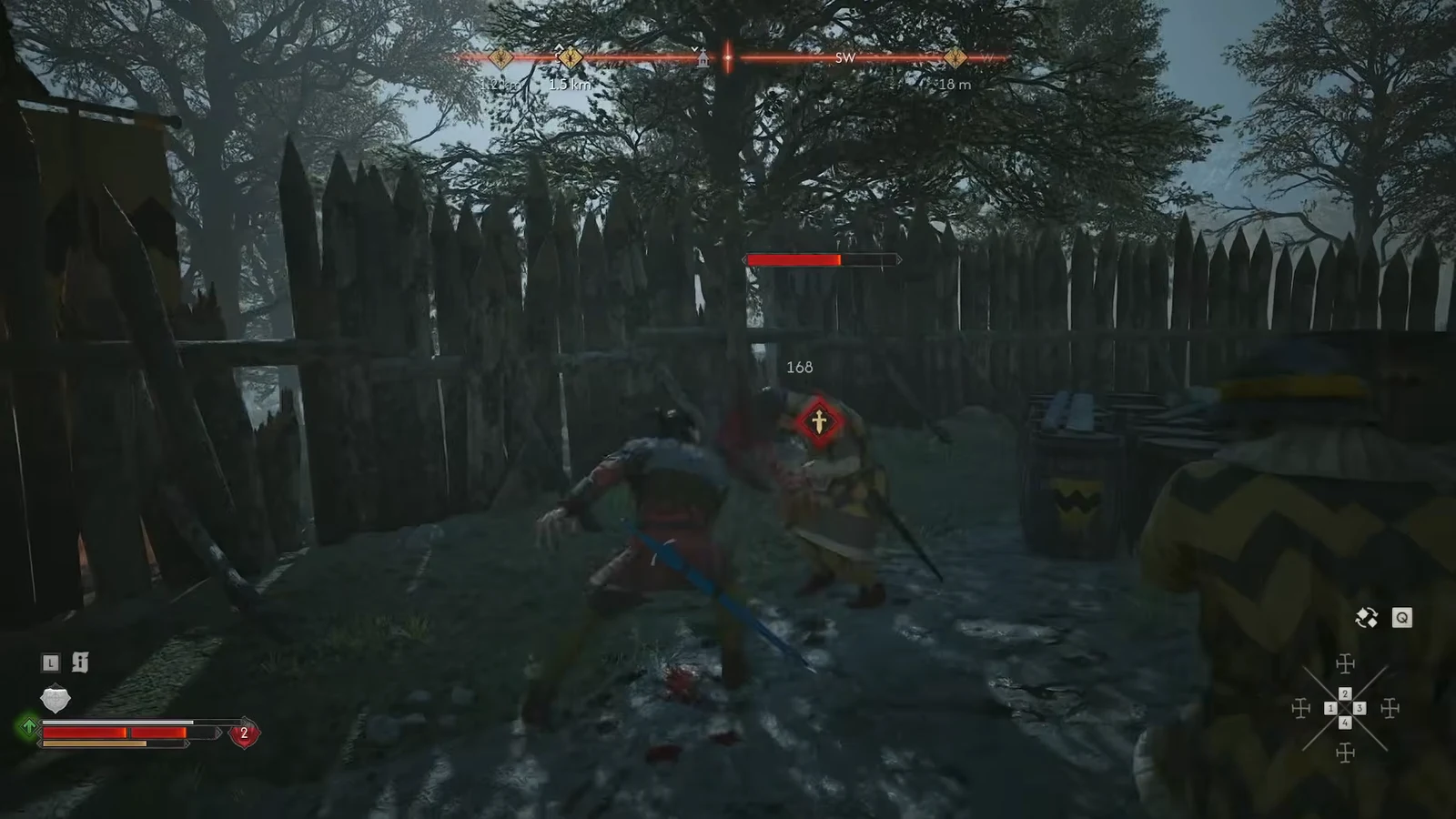 Coen striking an outpost soldier whose red health bar is half depleted