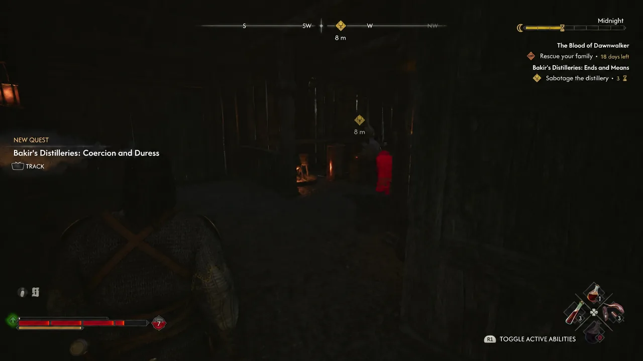 On-screen prompt to track the new quest Bakir's Distilleries: Coercion and Duress near the marked objective