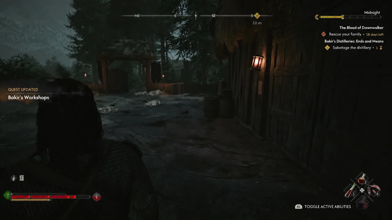 Quest Updated notification for Bakir's Workshops with the distillery sabotage objective active