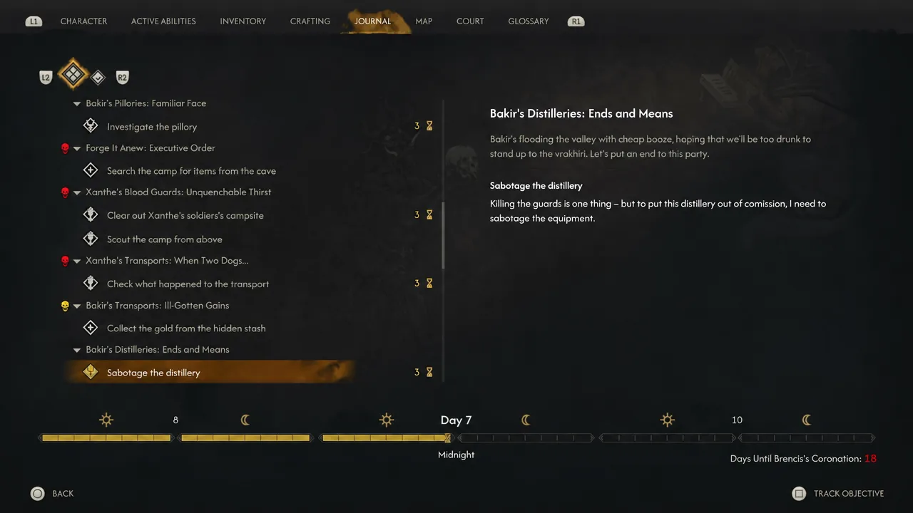Journal entry for Bakir's Distilleries: Ends and Means with the Sabotage the distillery objective highlighted