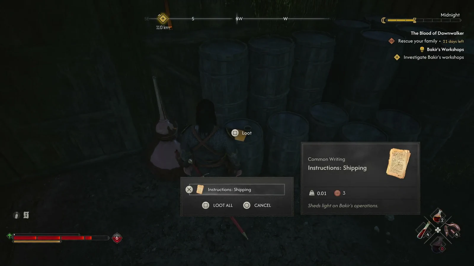 Loot prompt showing the Instructions: Shipping writing item with Loot All and Cancel options