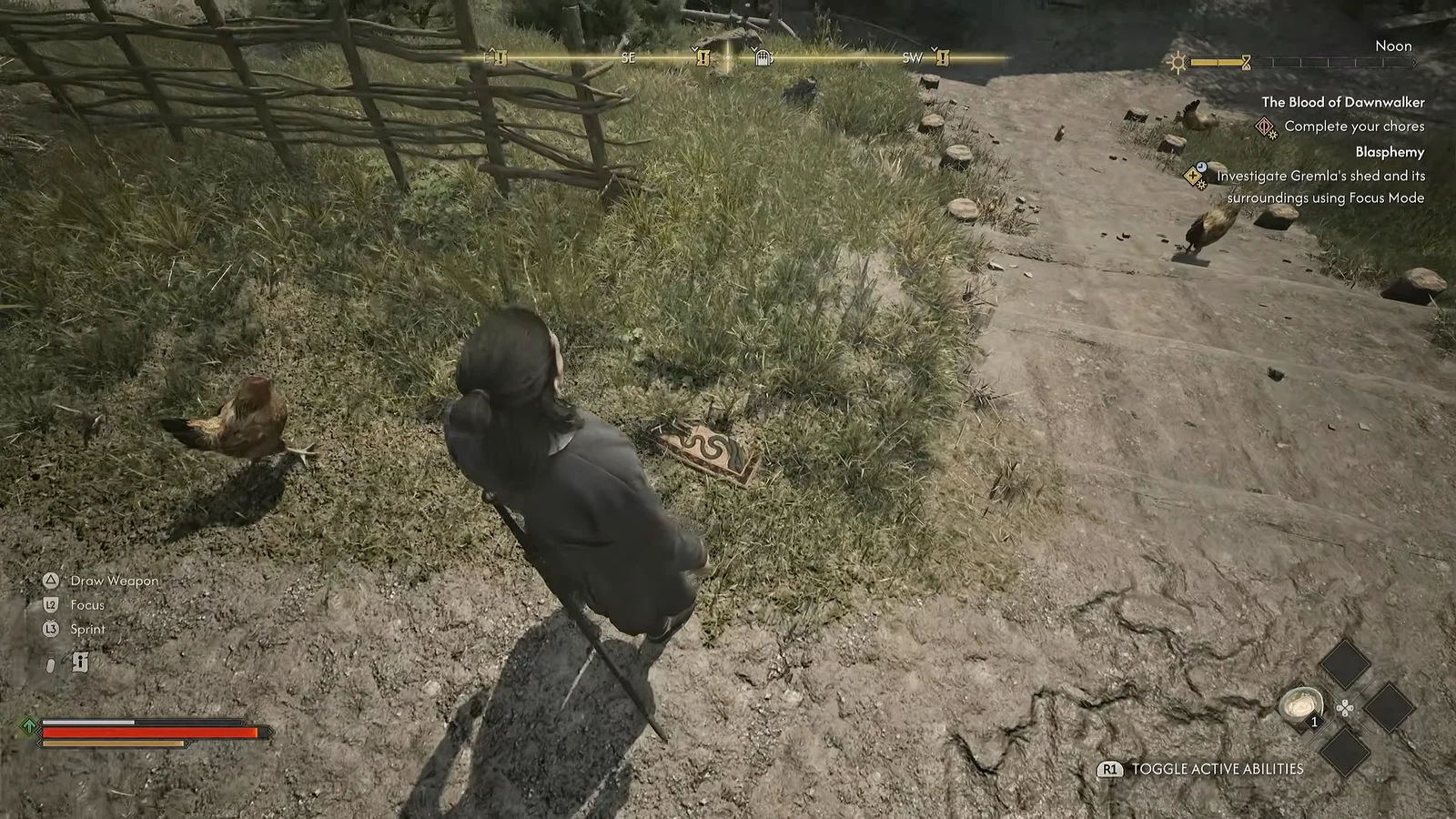 Coen examining a highlighted clue on the dirt path outside the shed with the quest tracker on screen
