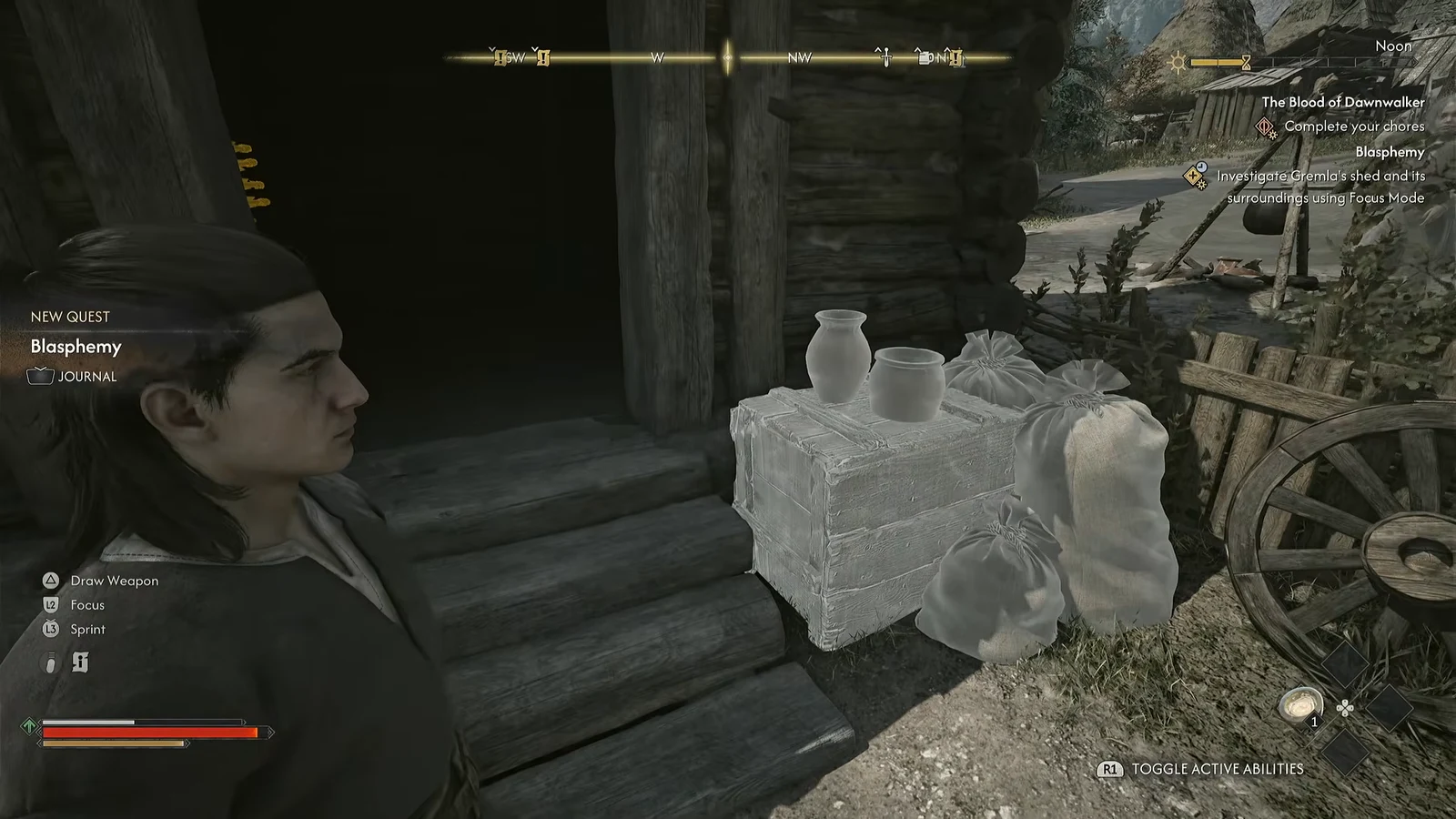 Focus Mode outlining crates, pots, sacks and a wagon around Gremla's shed in yellow