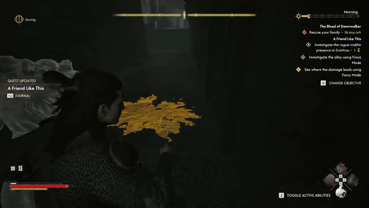 Quest HUD updated to see where the damage leads, with a gold Focus Mode trail visible
