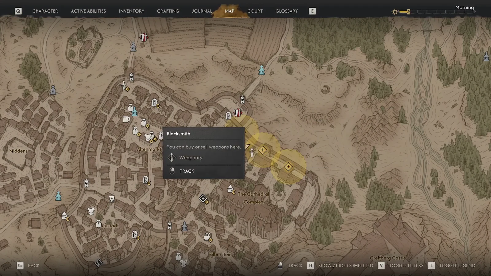Svartrau map screen with a location tooltip open and a TRACK option available
