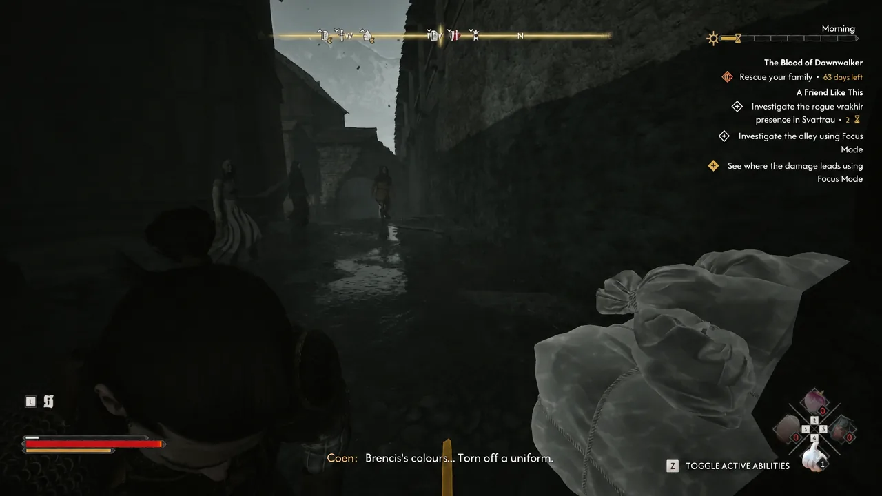 Focus Mode active in the alley with the objective to investigate the alley shown on the HUD