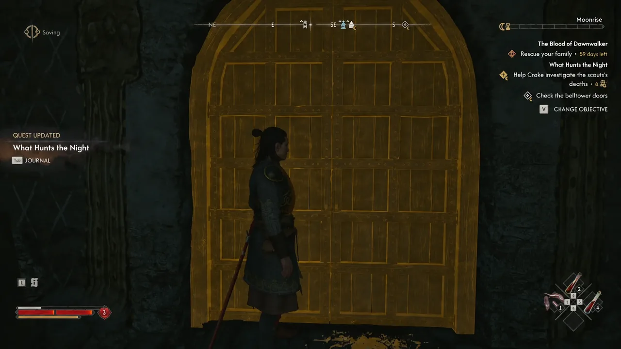 Quest tracker updated to Check the belltower doors as Coen inspects the highlighted doors