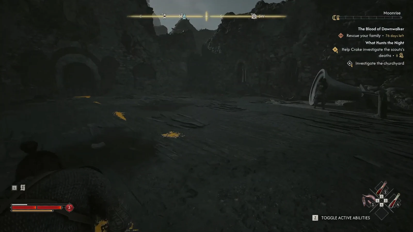 The quest tracker showing Investigate the churchyard while Coen walks through the dark ruins at night