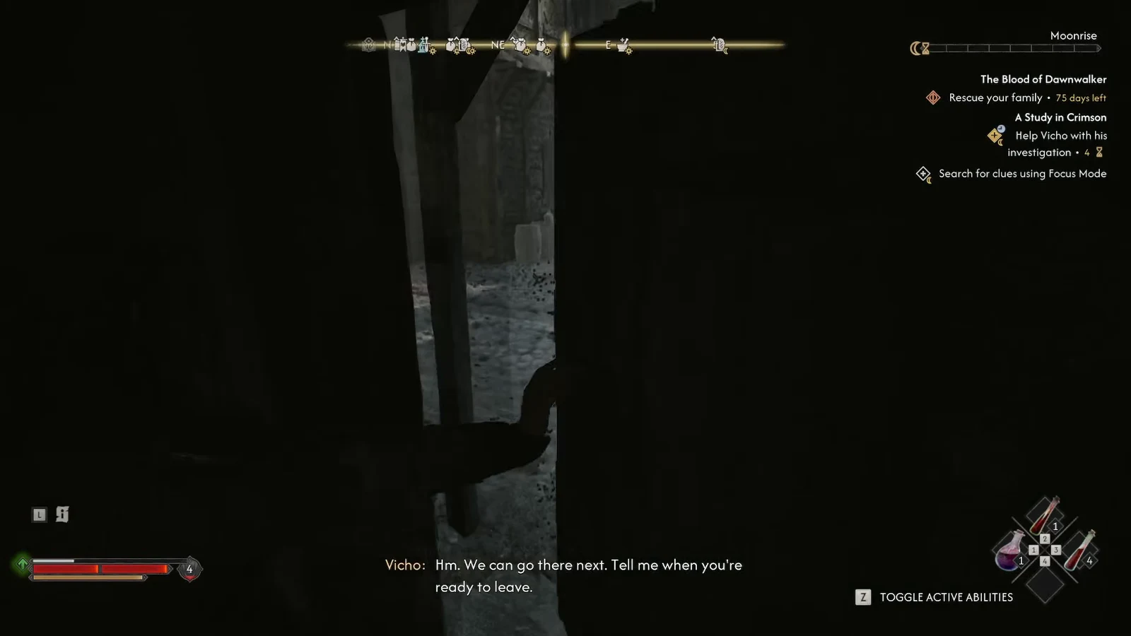 Dark interior with the Search for clues using Focus Mode objective displayed on screen