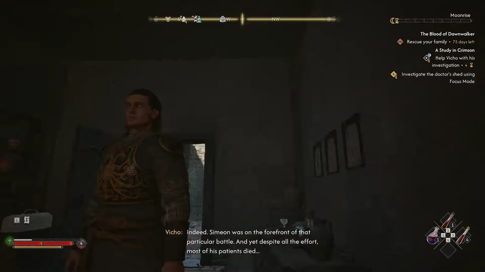 Quest tracker showing the objective to investigate the doctor's shed using Focus Mode during Vicho's dialogue