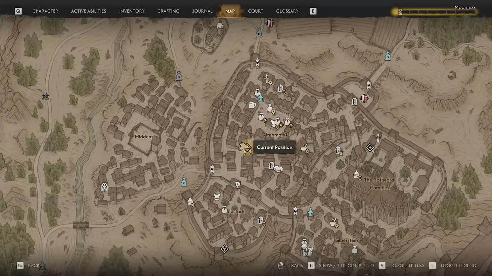 Map screen with the Current Position marker showing where the player stands in town