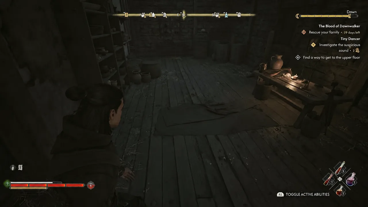 Objective text reading Find a way to get to the upper floor inside a dim wooden shop interior