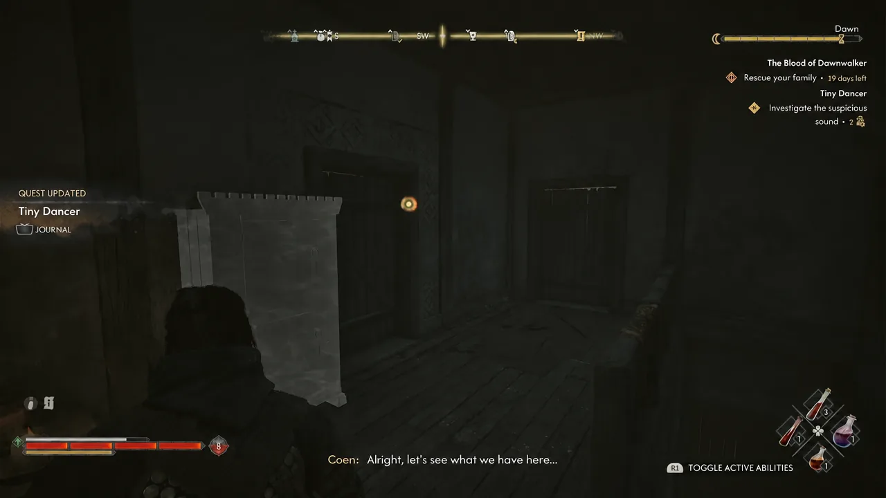 Journal entry for the Tiny Dancer quest open on the objective to investigate the sound