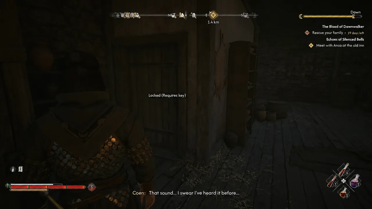 Interaction prompt on a wooden door reading Locked, requires key, in the Curious House