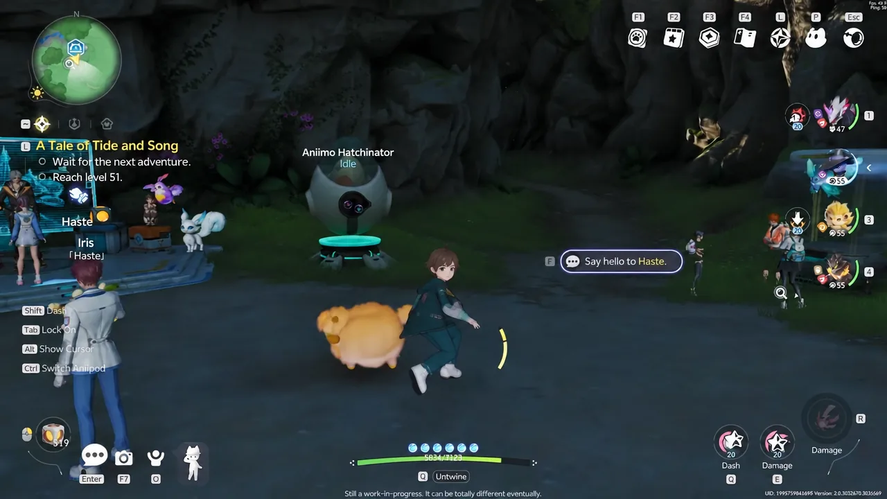 Open-world gameplay showing a Say hello to Haste interaction prompt near a captured creature