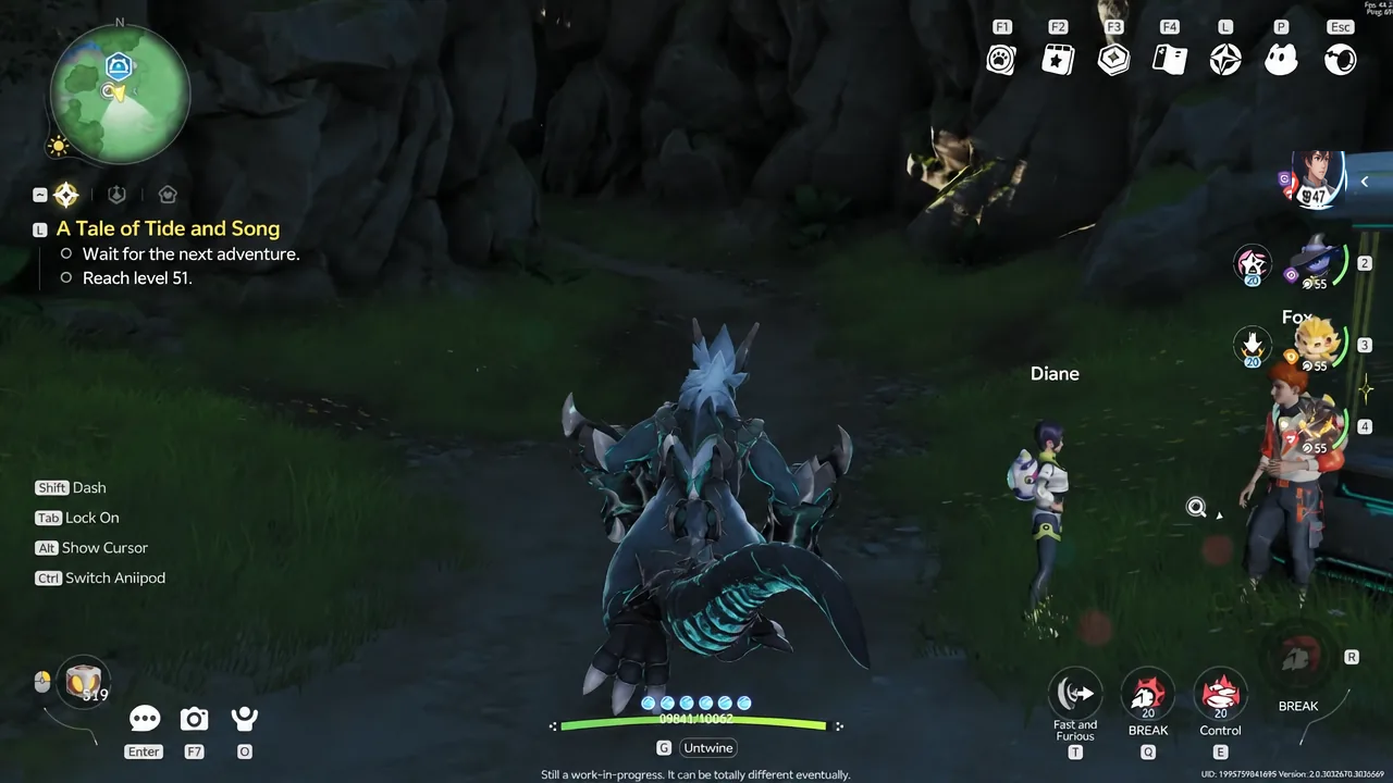 Field gameplay with the A Tale of Tide and Song quest panel while riding a mount