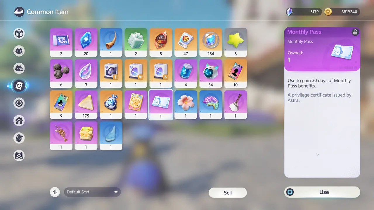 Common Item inventory with the Monthly Pass selected and the Use button ready