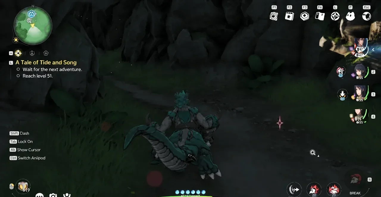 Cave exploration gameplay with the active quest A Tale of Tide and Song highlighted