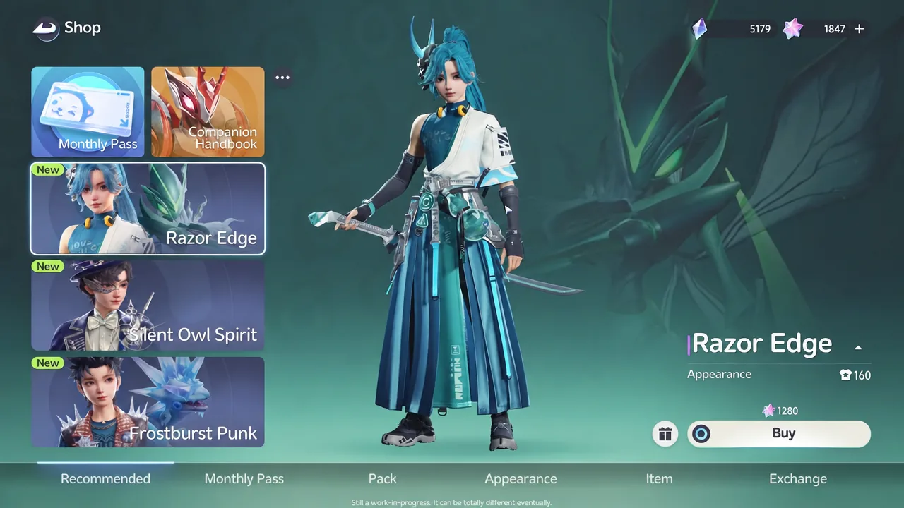 Shop appearance screen highlighting the Razor Edge outfit with its details and Buy button