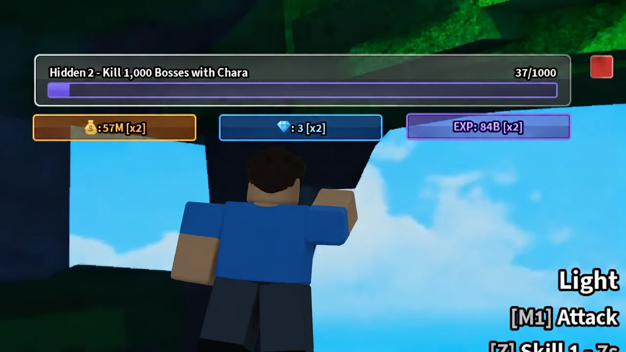 Hidden quest tracker reading 37 of 1,000 bosses killed with Chara during combat