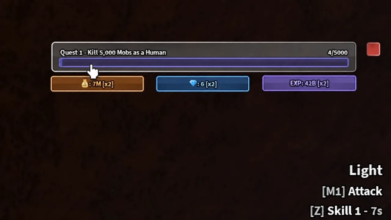 Quest 1 tracker showing 4 of 5,000 mob kills completed as the Human race