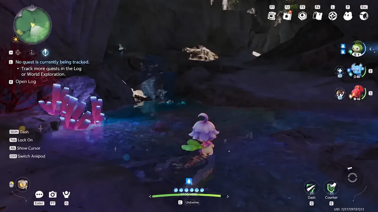Aniimo player swimming through a cave with the Untwine action available and no quest tracked